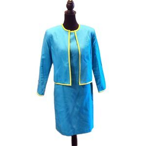 Bob Mackie Vintage 1980s Bright Aqua Blue & Neon Yellow Skirt Suit Set, Size 6